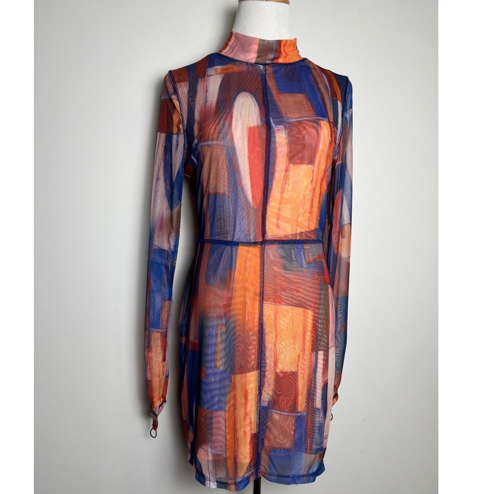 Sheer Mesh Mini Dress XL Body Con Festival Club Going‎ Out Abstract